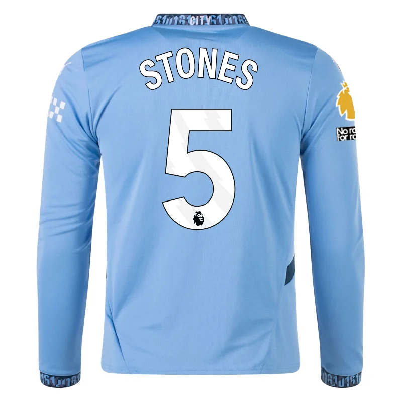 Puma Manchester City John Stones Home Long Sleeve Jersey w/ EPL + No Room For Racism Patch 24/25 (Team Light/Marine Blue)