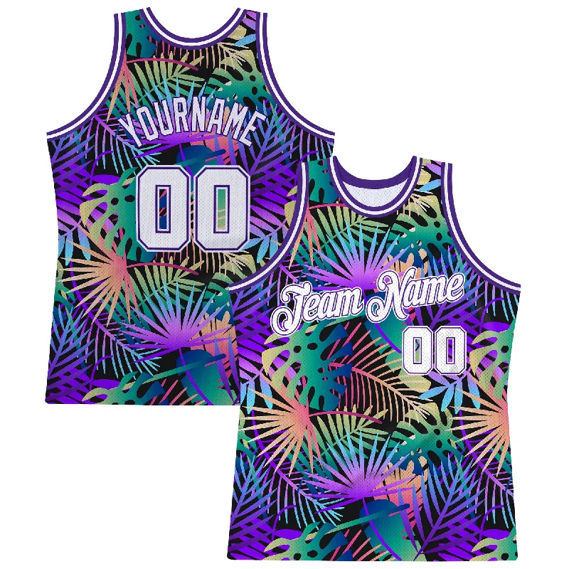 Custom Purple White-Purple 3D Pattern  Tropical Hawaii Plants Authentic Basketball Jersey