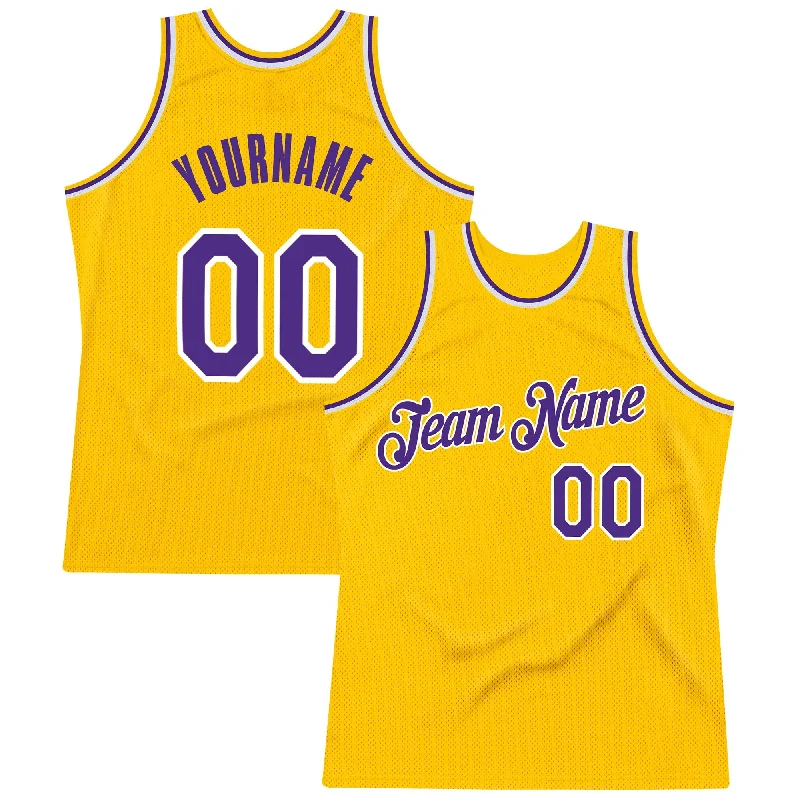 Custom Gold Purple-White Authentic Throwback Basketball Jersey